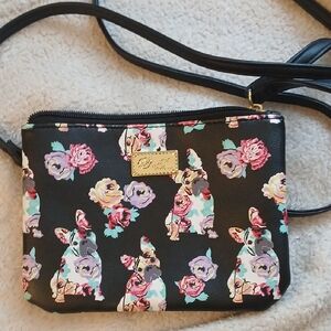 Betsey Johnson Black Crossbody Bag with Floral and Dog Print